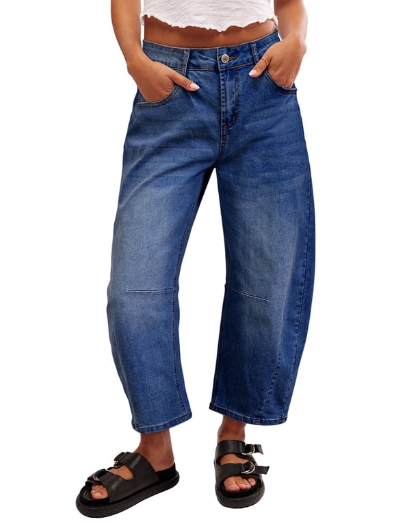 Women's Barrel Jeans Mid Rise Vintage Y2k Baggy Boyfriend Jeans Loose Ankle Denim Stretch Pants Blue Size 10