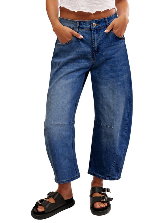 Women's Barrel Jeans Mid Rise Vintage Y2k Baggy Boyfriend Jeans Loose Ankle Denim Stretch Pants Blue Size 10