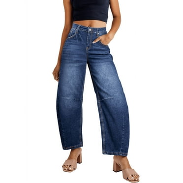 DOKOTOO Women's Barrel Jeans Wide Leg Vintage Mid Rise Y2k Baggy Boyfriend Ankle Denim Pants Blue Size 10