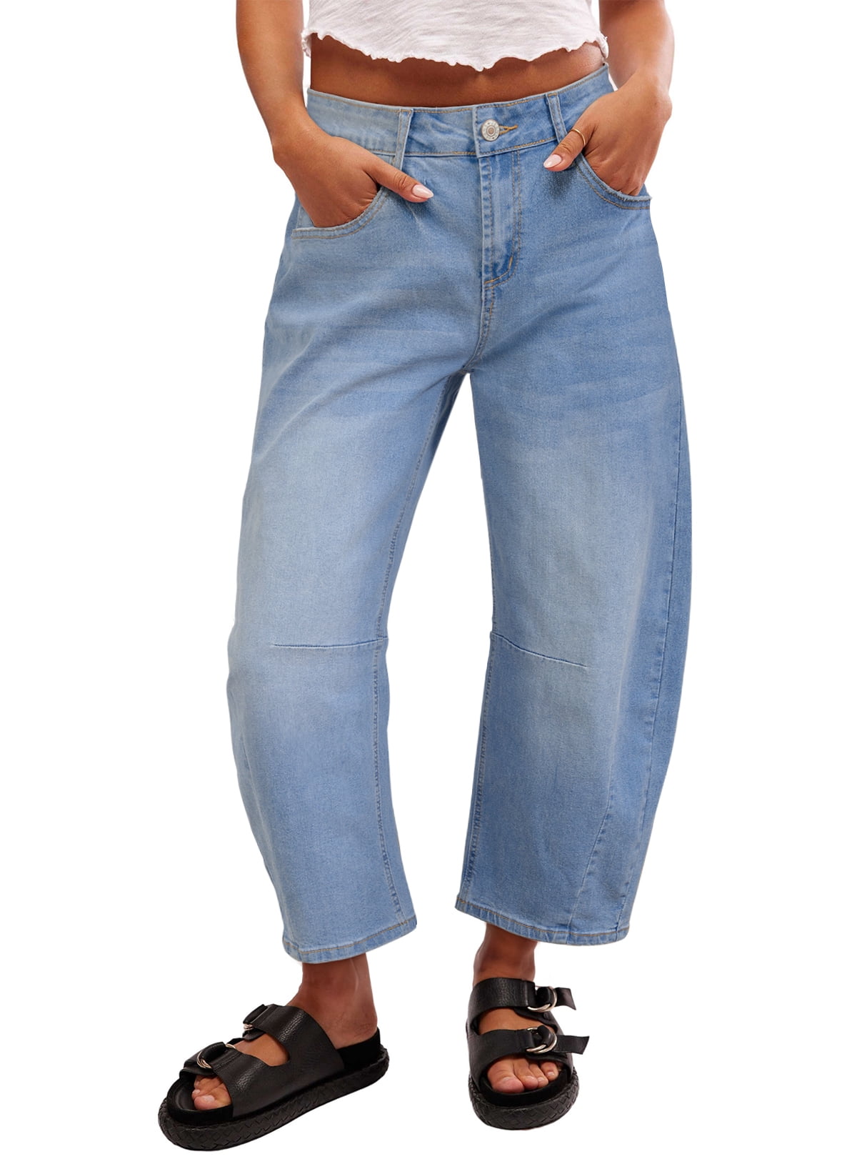 Women's Barrel Jeans - Wide Leg High Waisted Stretchy Cropped Denim, Light Blue, Large - View #8