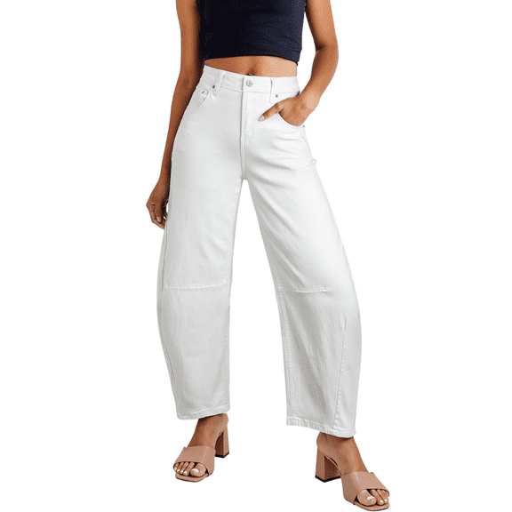 DOKOTOO Women's Barrel Jeans Wide Leg Vintage Mid Rise Y2k Baggy Boyfriend Ankle Denim Pants White