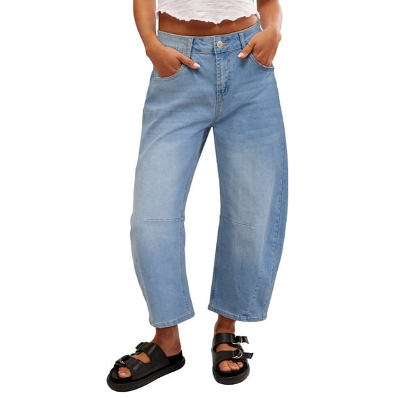 DOKOTOO Women's Barrel Jeans Wide Leg Vintage Mid Rise Y2k Baggy Boyfriend Ankle Denim Pants