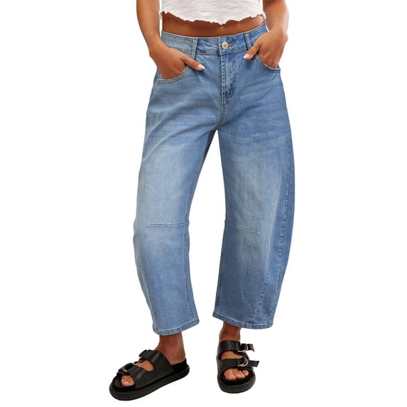 DOKOTOO Women's Barrel Jeans Wide Leg Vintage Mid Rise Y2k Baggy Boyfriend Ankle Denim Pants