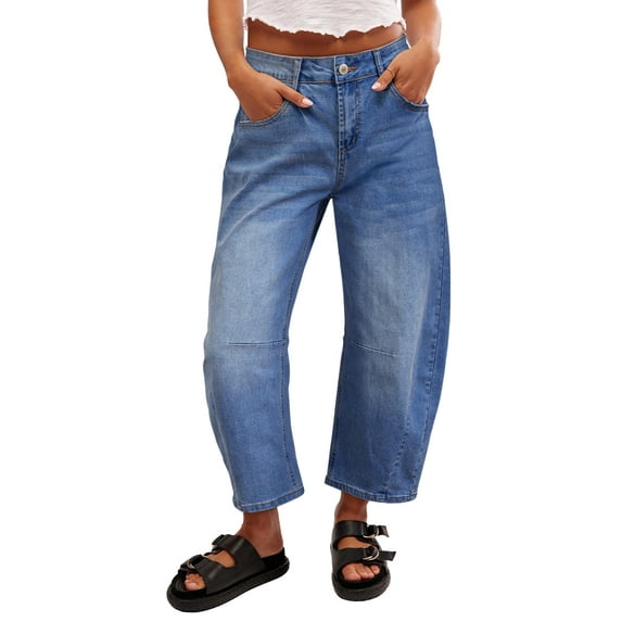 DOKOTOO Women's Barrel Jeans Wide Leg Vintage Mid Rise Y2k Baggy Boyfriend Ankle Denim Pants