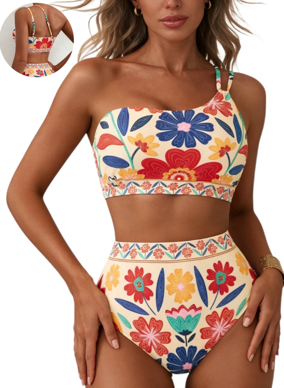 Women's Bikini Sets Floral Print One Shoulder Spaghetti Straps High Waist Stretchy Tummy Control Two Piece Swimsuits
