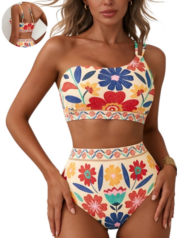 Women's Bikini Sets Floral Print One Shoulder Spaghetti Straps High Waist Stretchy Tummy Control Two Piece Swimsuits