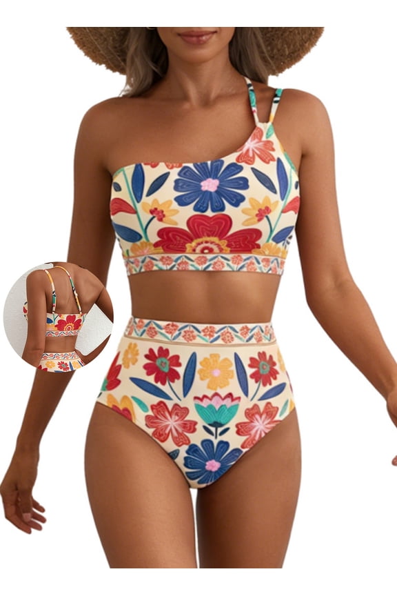 Women's Bikini Sets Floral Print One Shoulder Spaghetti Straps High Waist Stretchy Tummy Control Two Piece Swimsuits