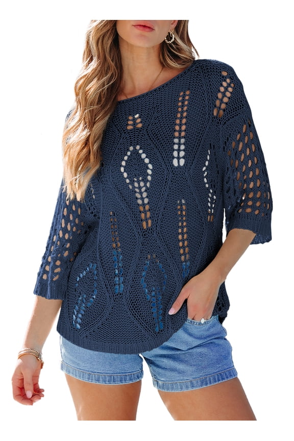 Women's Crochet Tops Summer 3/4 Sleeve Crew Neck Hollow Out Bathing Suit Cover Up for Women