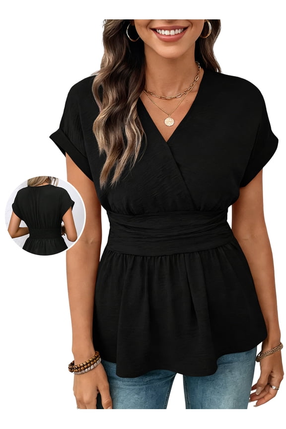 Women's Dressy Wrap Peplum Blouse V Neck Smocked Waist Rolled Short Sleeve Top