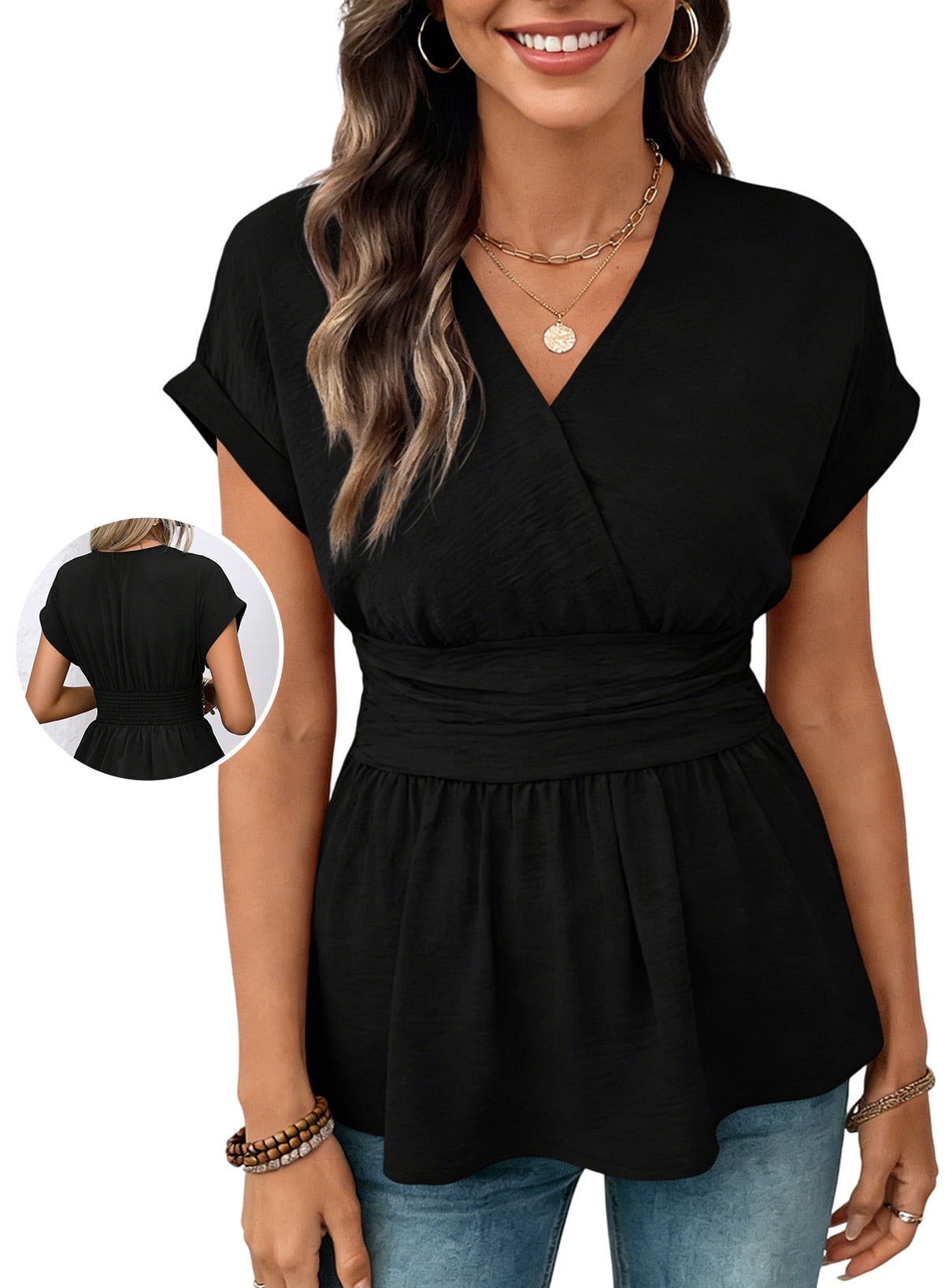 DOKOTOO Blouses for Women Wrap V Neck Short Sleeve Smocked Waist Peplum ...