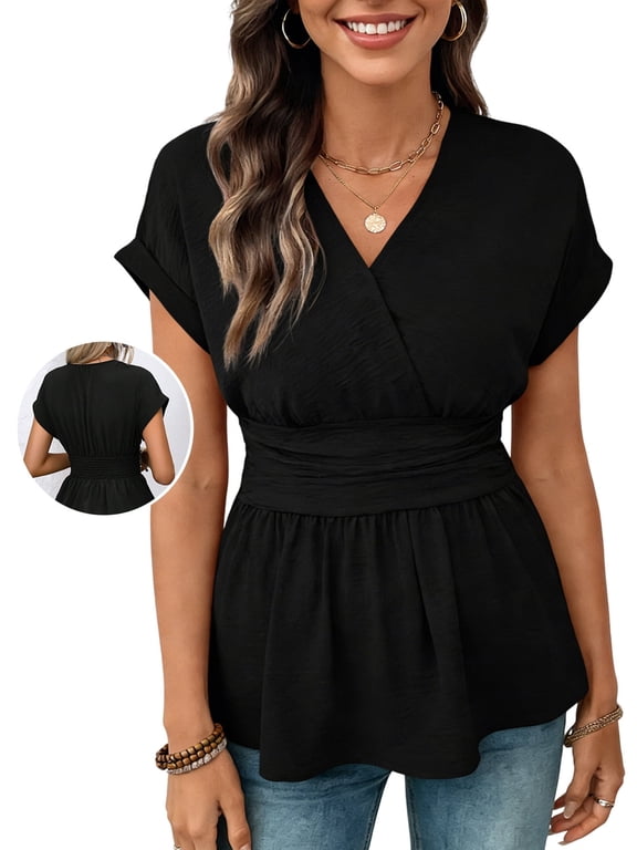 Blouses for Women Wrap V Neck Short Sleeve Smocked Waist Peplum Tunic Tops Casual Business Work Shirts