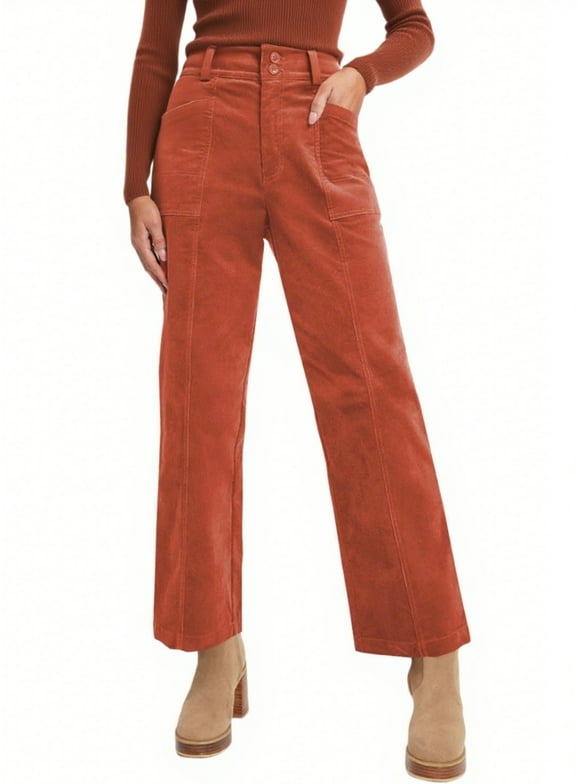 Women's Elastic Waist Rust Corduroy Corduroy Trousers - Figure-Flattering Soft Warm Retro Pants for Office & Weekend