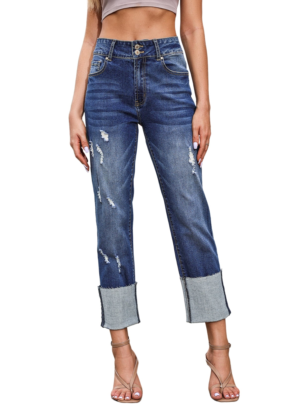 DOKOTOO Women's High Waisted Jeans Cuffed High Waisted Strechy Raw Hem Straight Leg Denim Pants with Pockets