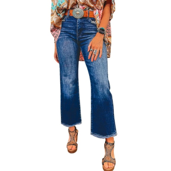 DOKOTOO Women's High Waisted Jeans Stretchy Comfort Fit Flared & Straight Leg Trendy Raw Hem Loose Fit 90s Retro (Plus Size Available)