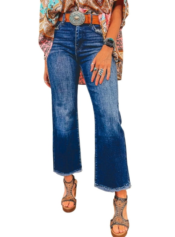Women's High Waisted Jeans Stretchy Comfort Fit Flared & Straight Leg Trendy Raw Hem Loose Fit 90s Retro (Plus Size Available)