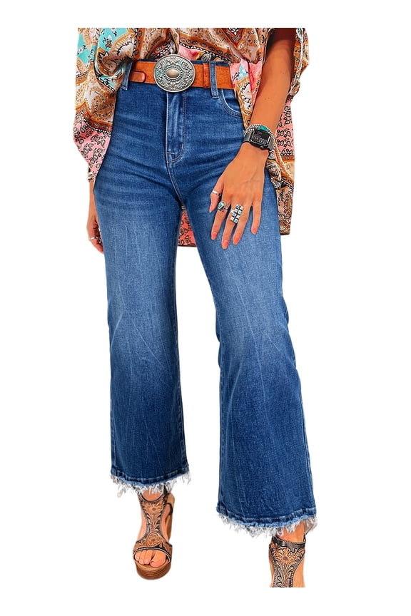 Women's High Waisted Jeans Stretchy Comfort Fit Flared & Straight Leg Trendy Raw Hem Loose Fit 90s Retro (Plus Size Available)