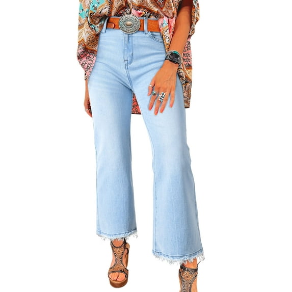 DOKOTOO Women's High Waisted Jeans Stretchy Comfort Fit Flared & Straight Leg Trendy Raw Hem Loose Fit 90s Retro (Plus Size Available)