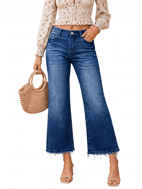 Women's High Waisted Jeans Stretchy Comfort Fit Flared & Straight Leg Trendy Raw Hem Loose Fit 90s Retro (Plus Size Available)