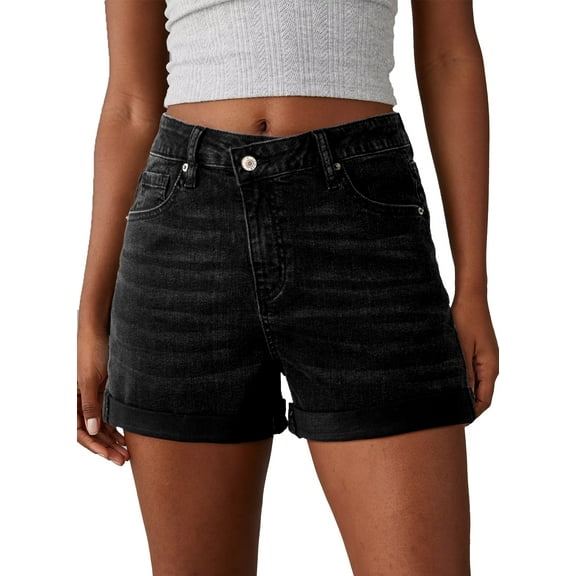 DOKOTOO Women's Jean Shorts High Waisted Stretchy Denim Shorts Summer Casual Rolled Hem Distressed Shorts Lightweight Zimbaplatinum Denim Shorts