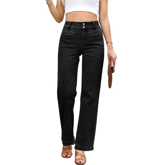 DOKOTOO Women's Jeans Straight Leg Stretchy Jeans High Waisted Trendy Welt Pockets Loose Wide Leg Denim Pants
