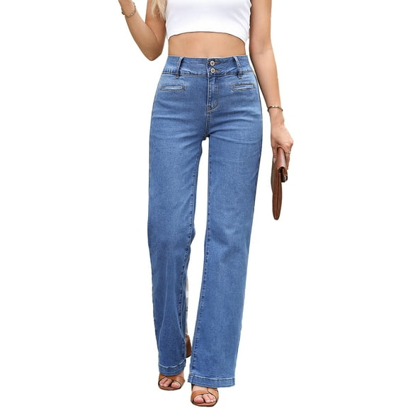 DOKOTOO Women's Jeans Straight Leg Stretchy Jeans High Waisted Trendy Welt Pockets Loose Wide Leg Denim Pants
