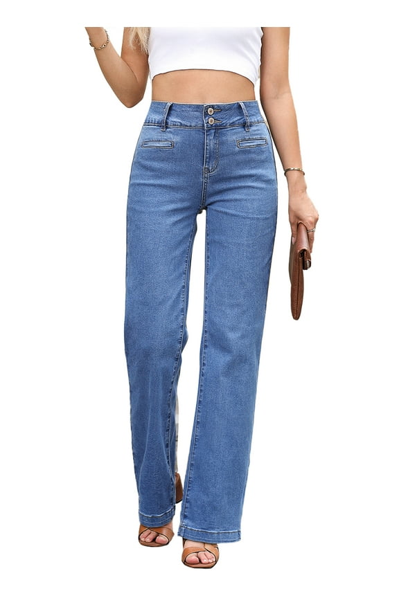 Women's Jeans Straight Leg Stretchy Jeans High Waisted Trendy Welt Pockets Loose Wide Leg Denim Pants