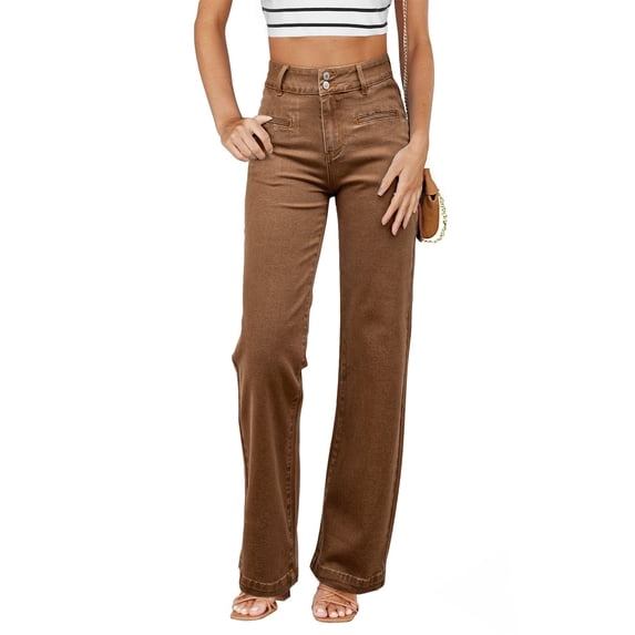 DOKOTOO Women's Jeans Straight Leg Stretchy Jeans High Waisted Trendy Welt Pockets Loose Wide Leg Denim Pants
