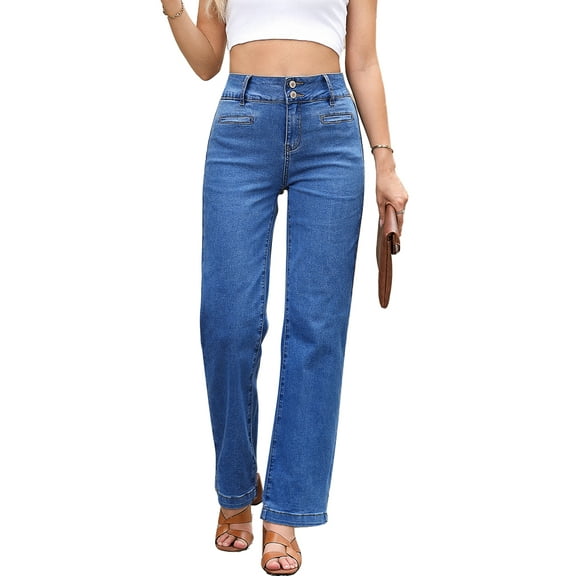 DOKOTOO Women's Jeans Straight Leg Stretchy Jeans High Waisted Trendy Welt Pockets Loose Wide Leg Denim Pants