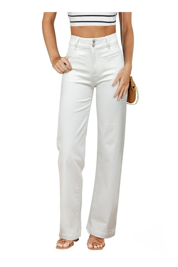 Women's Jeans Straight Leg Stretchy Jeans High Waisted Trendy Welt Pockets Loose Wide Leg Denim Pants