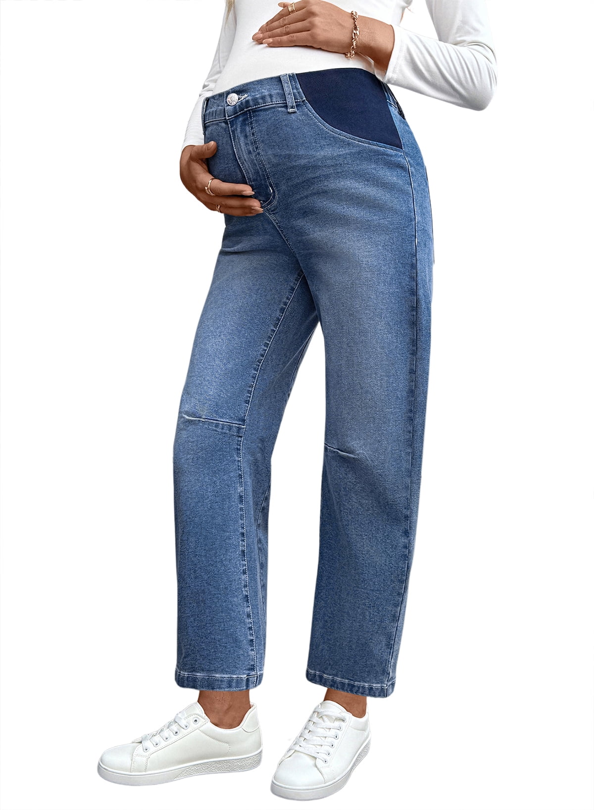 Women's Maternity Jeans Elastic Waist Baggy Barrel Jeans Side Panel Loose Denim Stretch Pants for pregnancy women