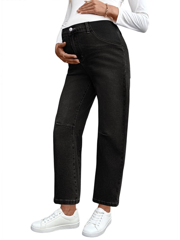 Women's Maternity Jeans Elastic Waist Baggy Barrel Jeans Side Panel Loose Denim Stretch Pants for pregnancy women