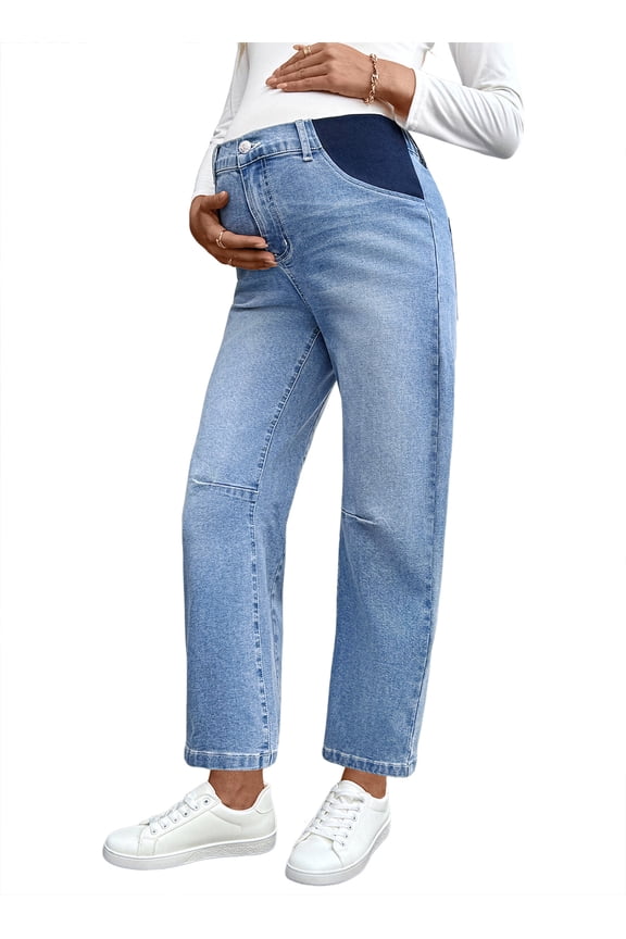Women's Maternity Jeans Elastic Waist Baggy Barrel Jeans Side Panel Loose Denim Stretch Pants for pregnancy women