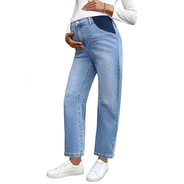DOKOTOO Women's Maternity Jeans Elastic Waist Baggy Barrel Jeans Side Panel Loose Denim Stretch Pants for pregnancy women