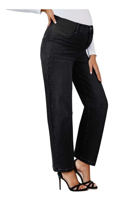 Women's Maternity Jeans Elastic Waist Baggy Barrel Jeans Side Panel Loose Denim Stretch Pants for pregnancy women