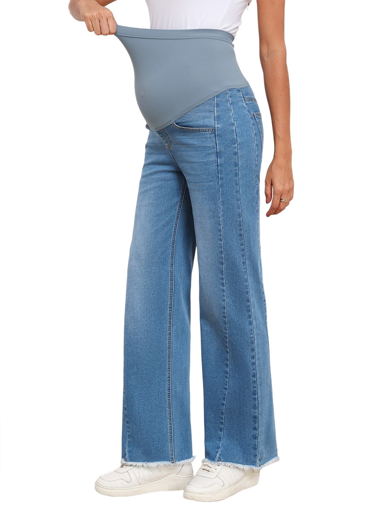 DOKOTOO Women's Maternity Jeans with Full Elastic Panel - High Waist Over The Belly Straight Leg Stretchy Pregnancy Jean Raw Hem Frayed Denim Pants