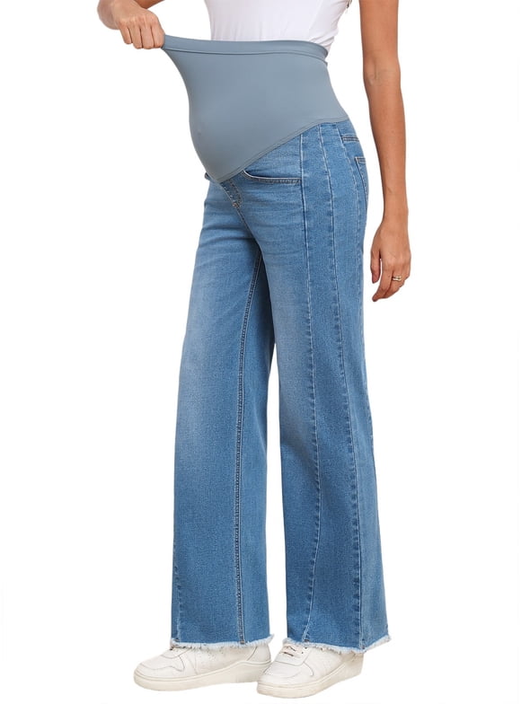 Women's Maternity Jeans with Full Elastic Panel - High Waist Over The Belly Straight Leg Stretchy Pregnancy Jean Raw Hem Frayed Denim Pants