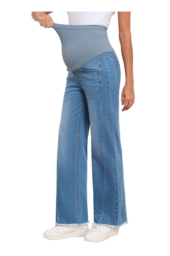 Women's Maternity Jeans with Full Elastic Panel - High Waist Over The Belly Straight Leg Stretchy Pregnancy Jean Raw Hem Frayed Denim Pants