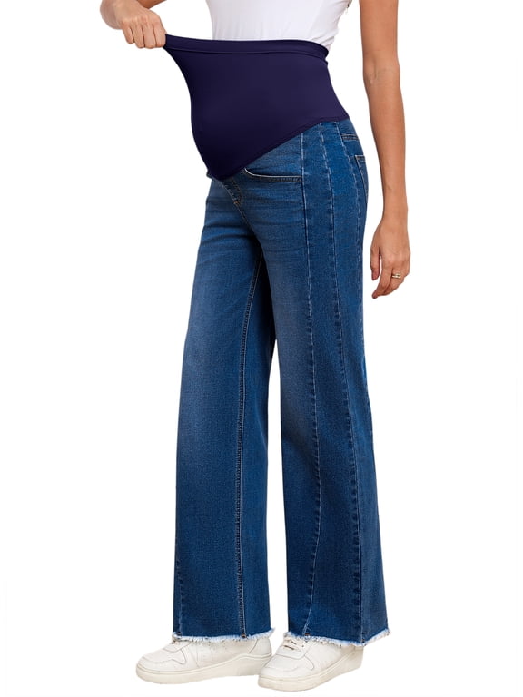 Women's Maternity Jeans with Full Elastic Panel - High Waist Over The Belly Straight Leg Stretchy Pregnancy Jean Raw Hem Frayed Denim Pants