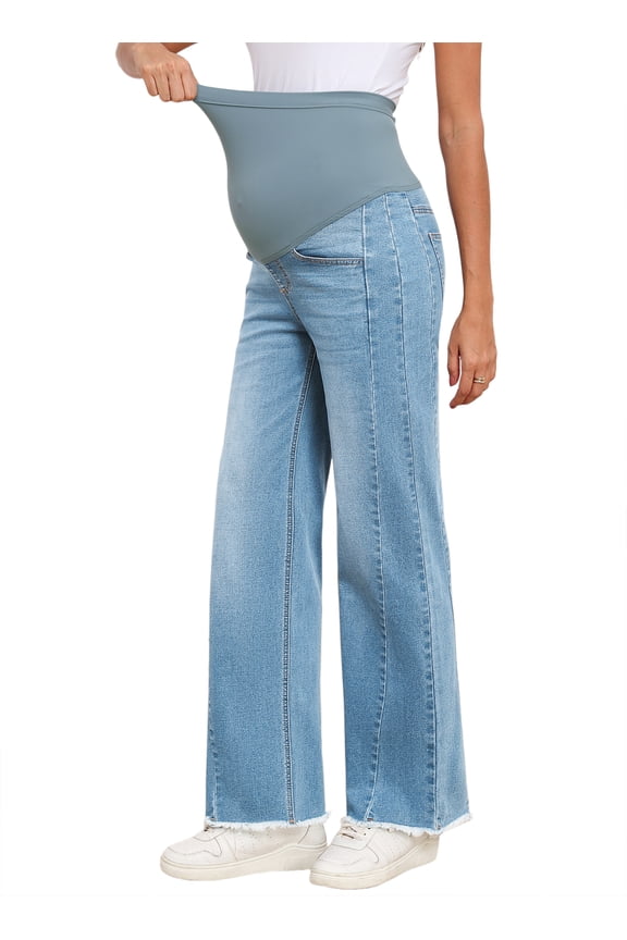 Women's Maternity Jeans with Full Elastic Panel - High Waist Over The Belly Straight Leg Stretchy Pregnancy Jean Raw Hem Frayed Denim Pants