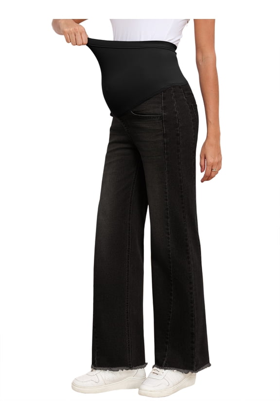 Women's Maternity Jeans with Full Elastic Panel - High Waist Over The Belly Straight Leg Stretchy Pregnancy Jean Raw Hem Frayed Denim Pants