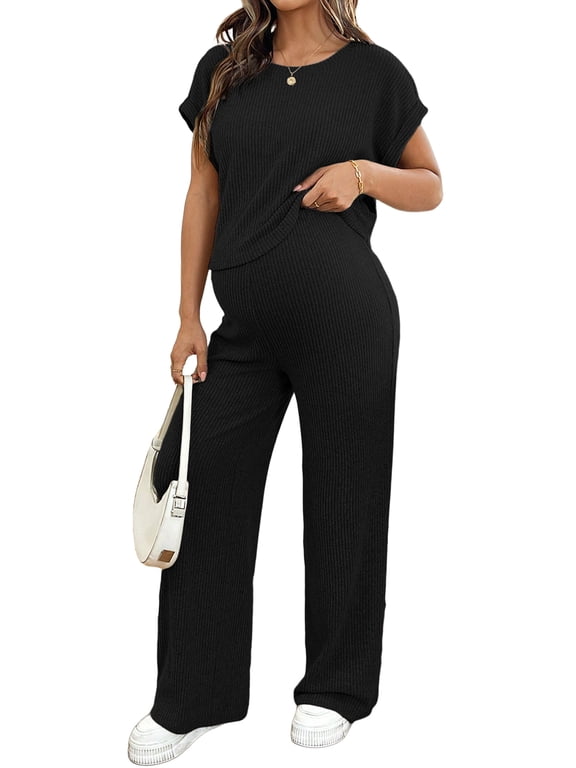 Women's Maternity Sets 2 Piece Sets Ribbed Knit Short Sleeve Outfit Maternity Lounge Wear Soft Pregnant Pajamas Plus Size Sweatsuits Sets