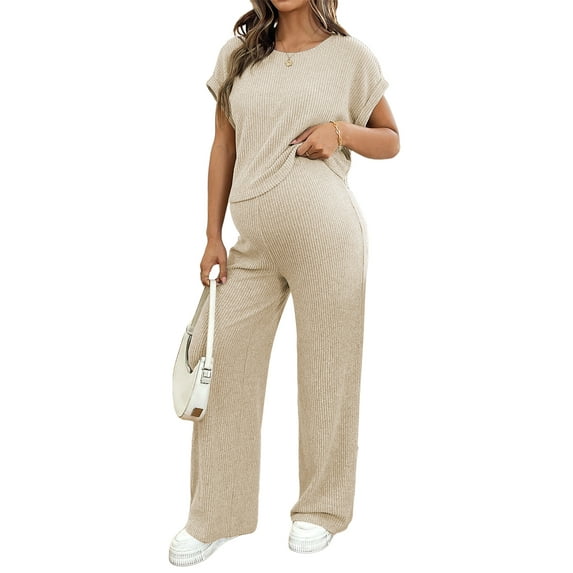 DOKOTOO Women's Maternity Sets 2 Piece Sets Ribbed Knit Short Sleeve Outfit Maternity Lounge Wear Soft Pregnant Pajamas Plus Size Sweatsuits Sets