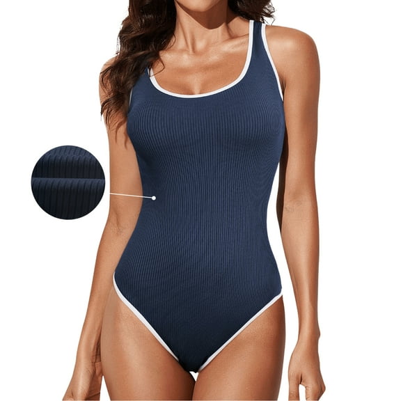 DOKOTOO Women's One Piece Swimsuit Tummy Control High Cut Bathing Suit Ribbed Round Neck Sporty Swimwear