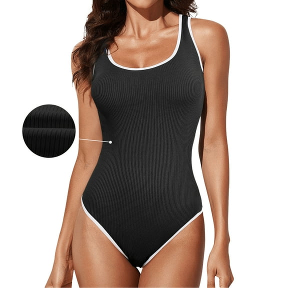 DOKOTOO Women's One Piece Swimsuit Tummy Control High Cut Bathing Suit Ribbed Round Neck Sporty Swimwear