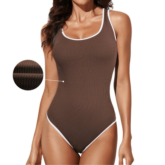 DOKOTOO Women's One Piece Swimsuit Tummy Control High Cut Bathing Suit Ribbed Round Neck Sporty Swimwear