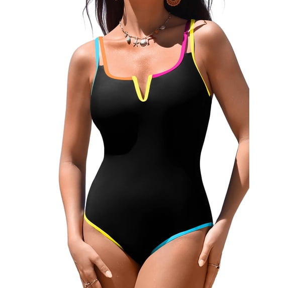 DOKOTOO Women's One Piece Swimsuit Tummy Control V Neck Color Block Adjustable Straps Bathing Suit