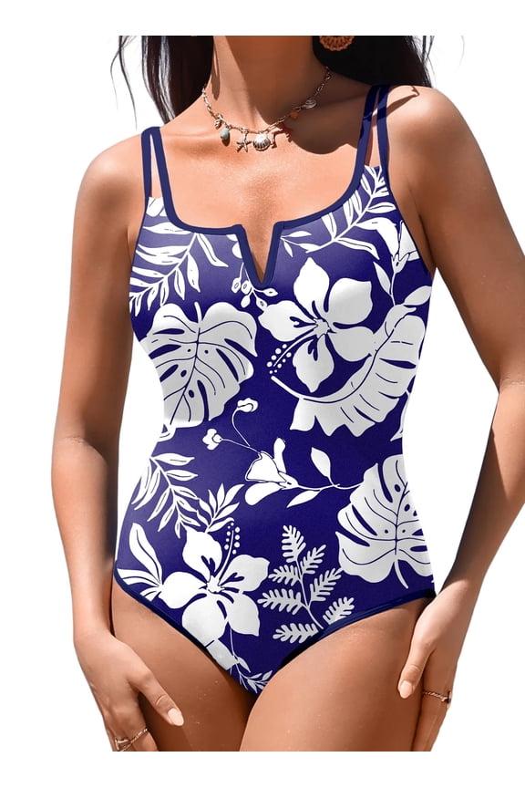 Women's One Piece Swimsuits Tummy Control V Neck High Cut Tropical Color Block Swimwear