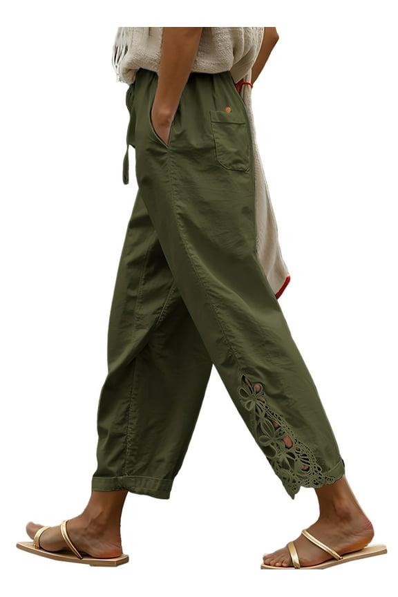 Women's Pants Elastic Waist Drawstring Pants Casual Cotton Pants Lightweight Lounge Pants with Pockets Size L