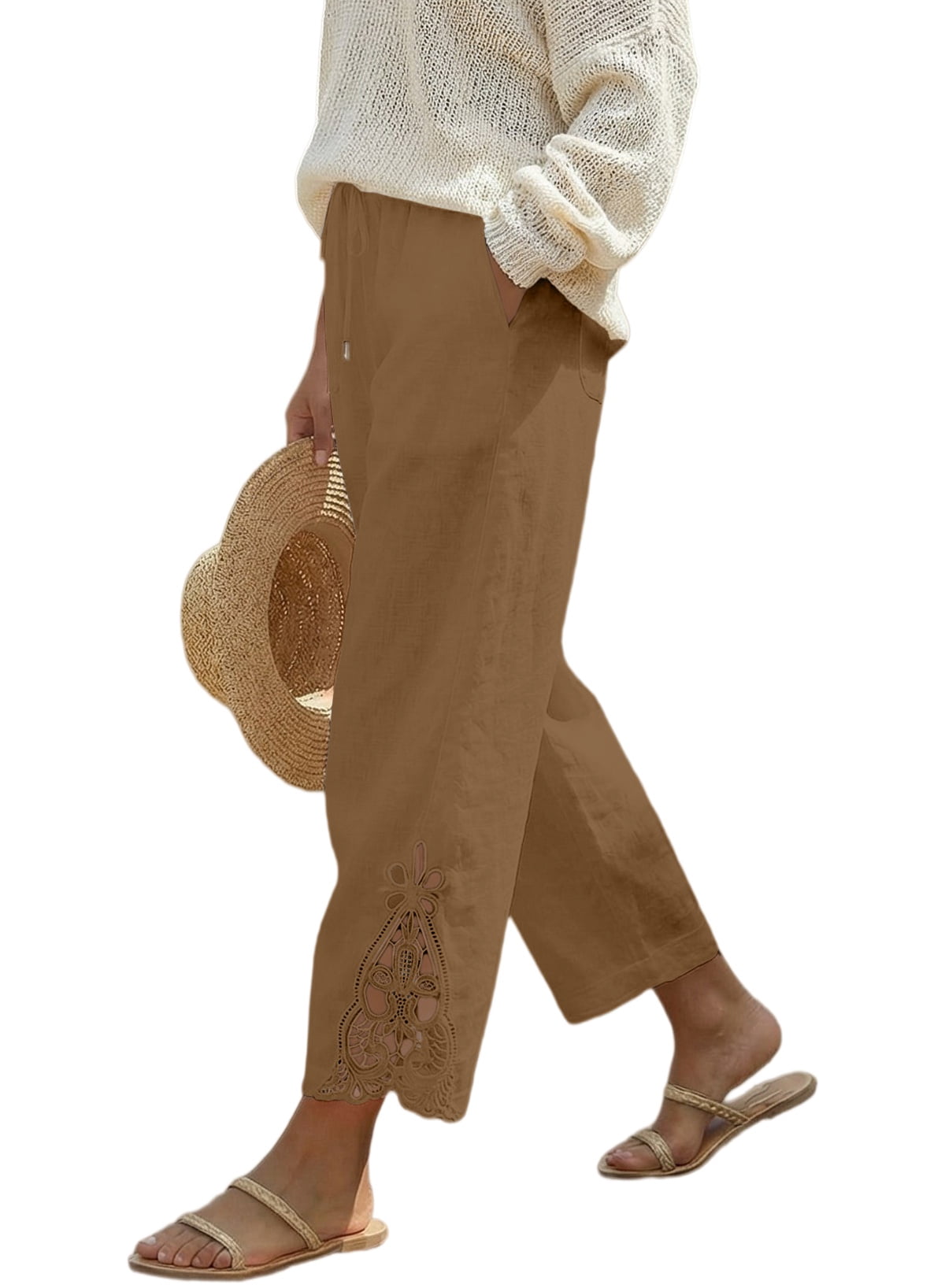 DOKOTOO Women's Linen Cotton Pants, Lightweight Drawstring Elastic