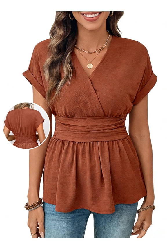 Women's Peplum Top V Neck Wrap Front Blouse with Smocked Waist Lightweight for Casual Work